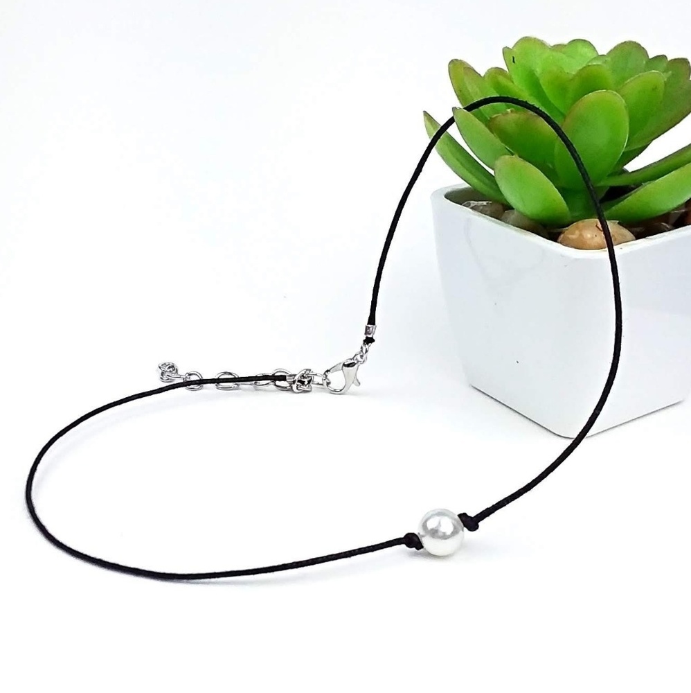 Faux Pearl Black Cord Choker Necklace - Picture 1 of 2